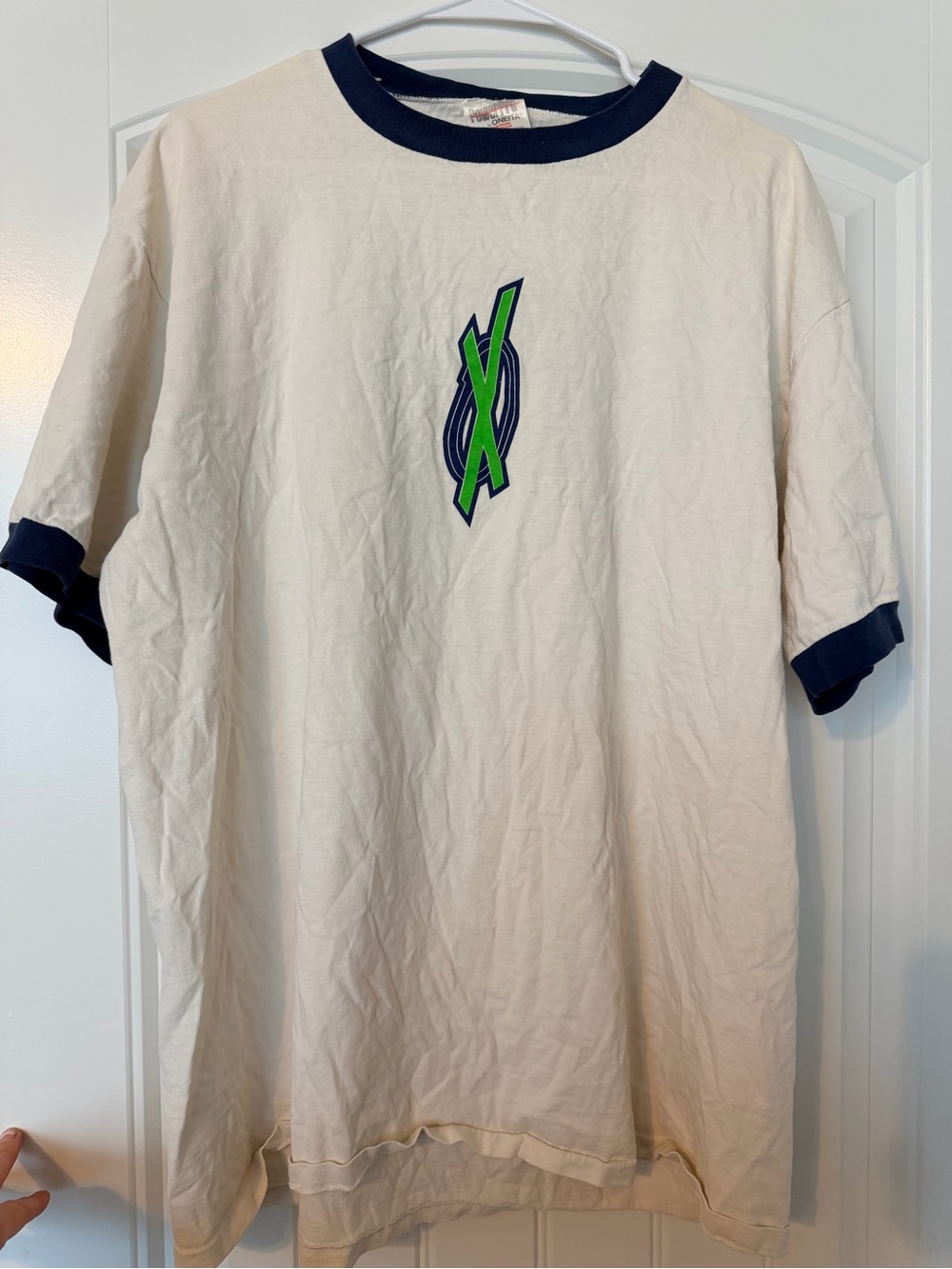 Vintage-Style Cream Ringer T-Shirt with Navy Trim and Green Logo